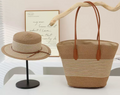 2025 New Straw Tote Bag, Large Capacity Striped Beach Bag, Shoulder Bag, and Hat Set