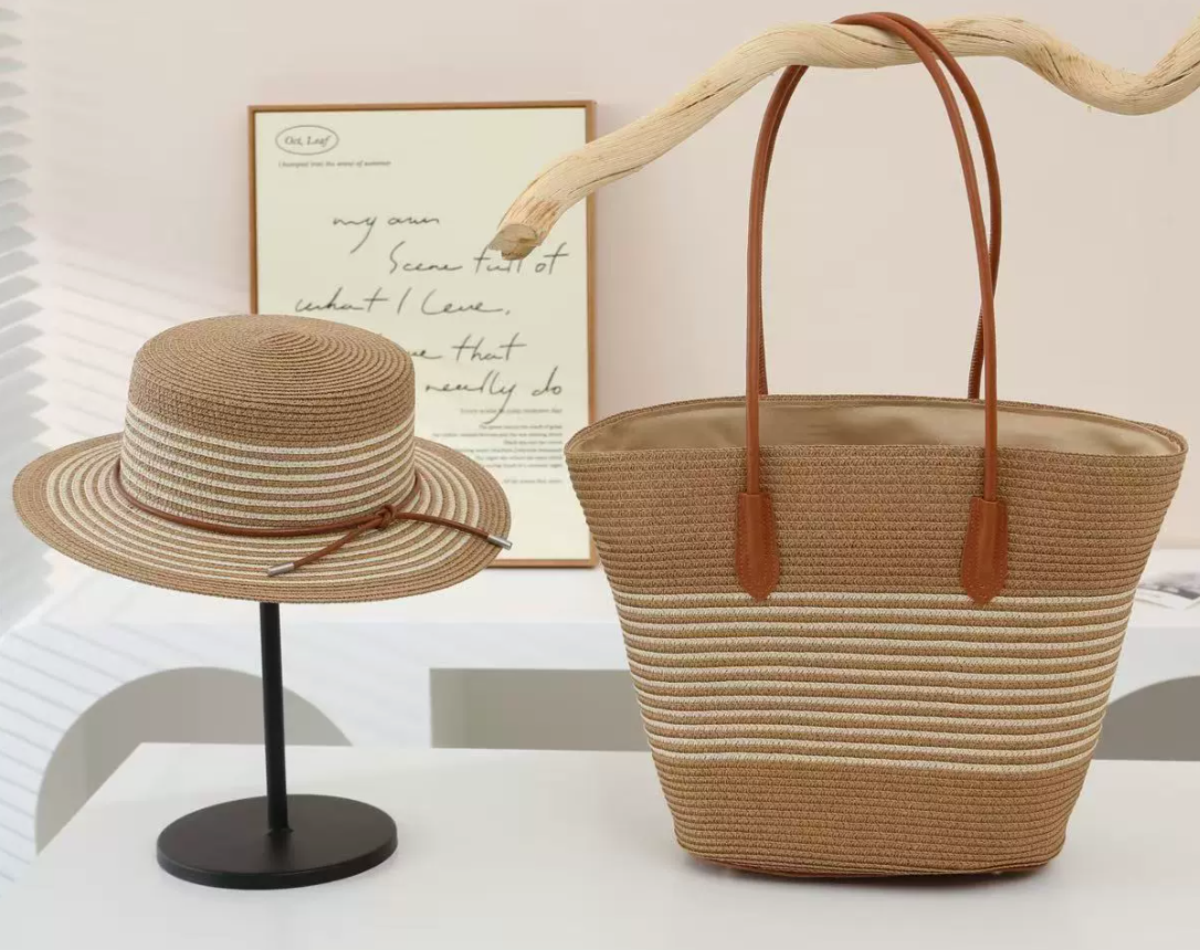 2025 New Straw Tote Bag, Large Capacity Striped Beach Bag, Shoulder Bag, and Hat Set